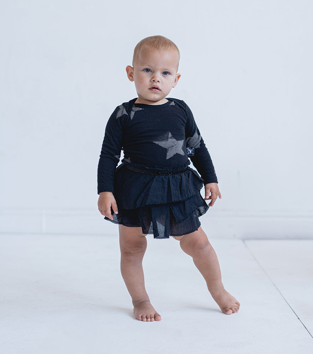 Newborn | Soft Star Onesie Layered Skirt | Black