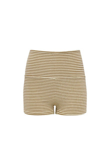 Neutral striped micro bike short with horizontal tan and cream stripes and high waistband.