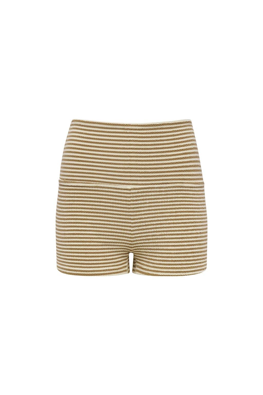 Neutral striped micro bike short with horizontal tan and cream stripes and high waistband.