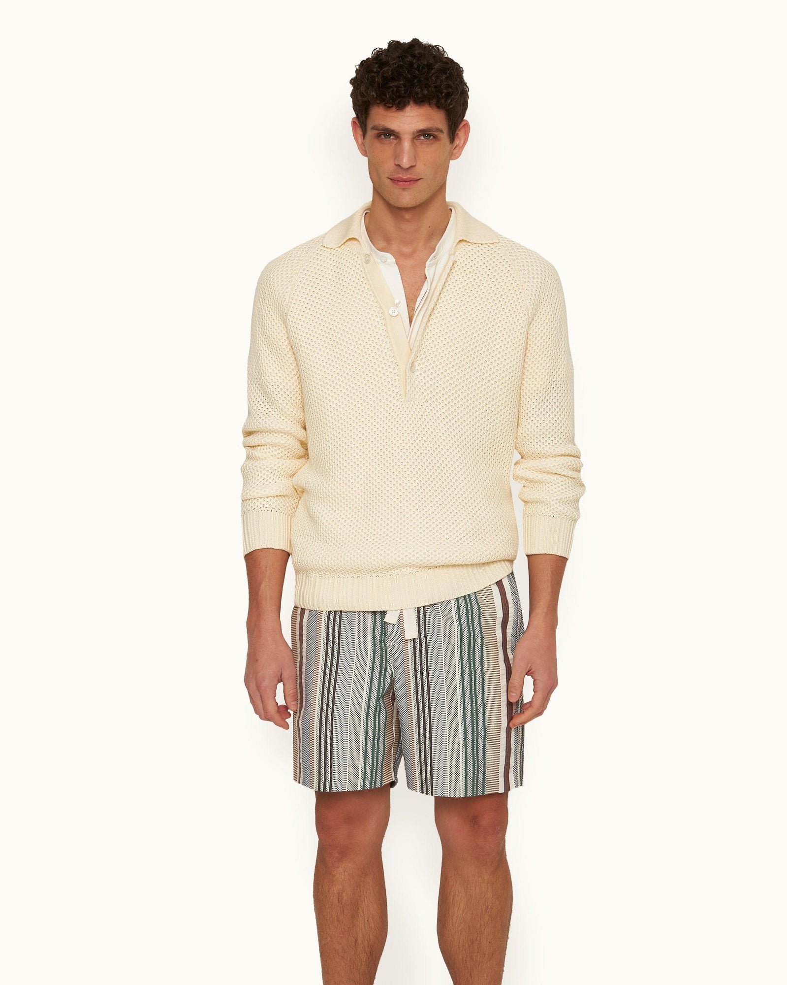 Alex Relaxed Fit Canvas Drawcord Shorts in Multi-Stitch Stripe Woven In Italy | Multi