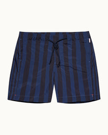 Dark Sapphire Mix Stripe Drawcord Mid-Length Swim Shorts | Dark Sapphire