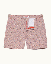 Bulldog Geo Print Mid-Length Swim Shorts Woven In France in Summer Red/White Sand colour | Summer Red/White Sand