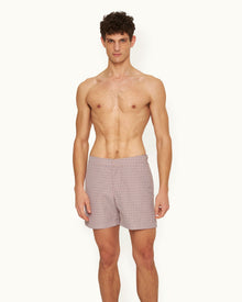 Bulldog Geo Print Mid-Length Swim Shorts Woven In France in Summer Red/White Sand colour | Summer Red/White Sand