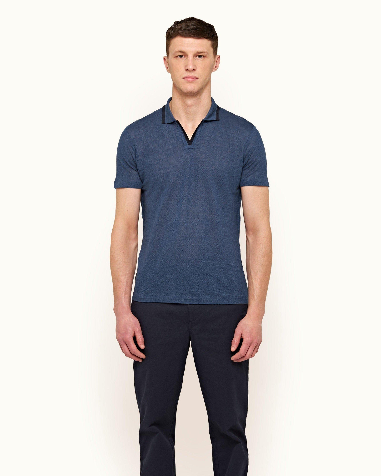 Felix Linen Classic Blue Contrast Resort Collar Linen Polo Shirt | Classic Blue