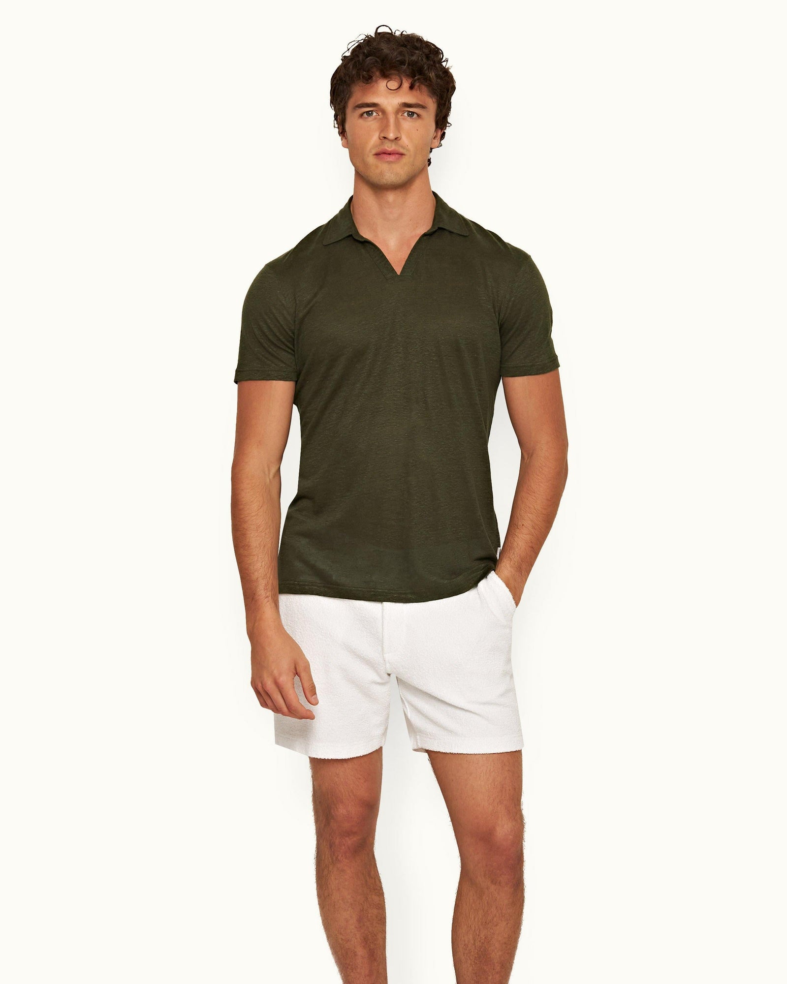 Felix Palm Short Resort Collar Short-Sleeve Linen Polo Shirt | Palm