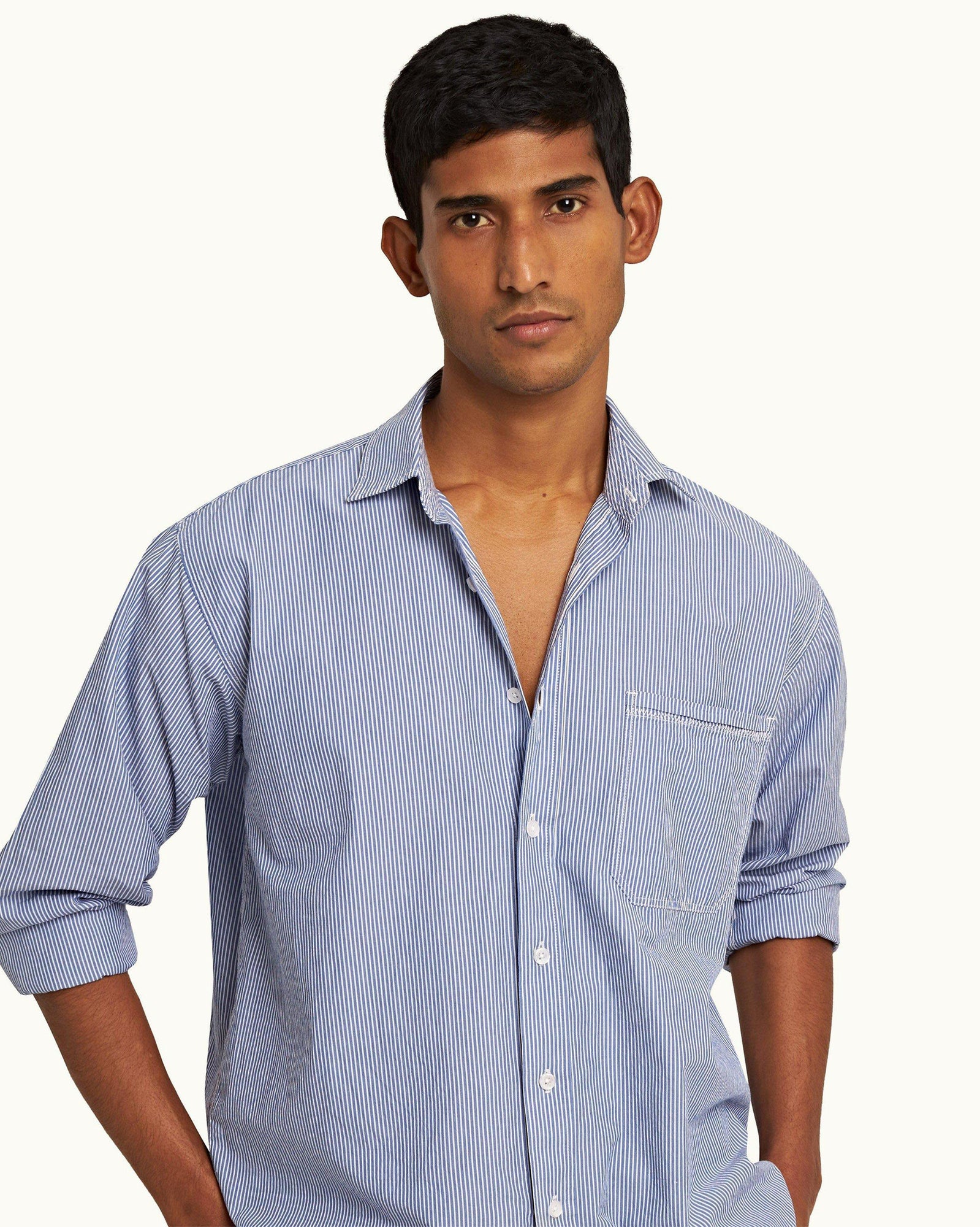 Midnight Navy/White Stripe Relaxed Fit Classic Collar Cotton Shirt | Midnight Navy/White