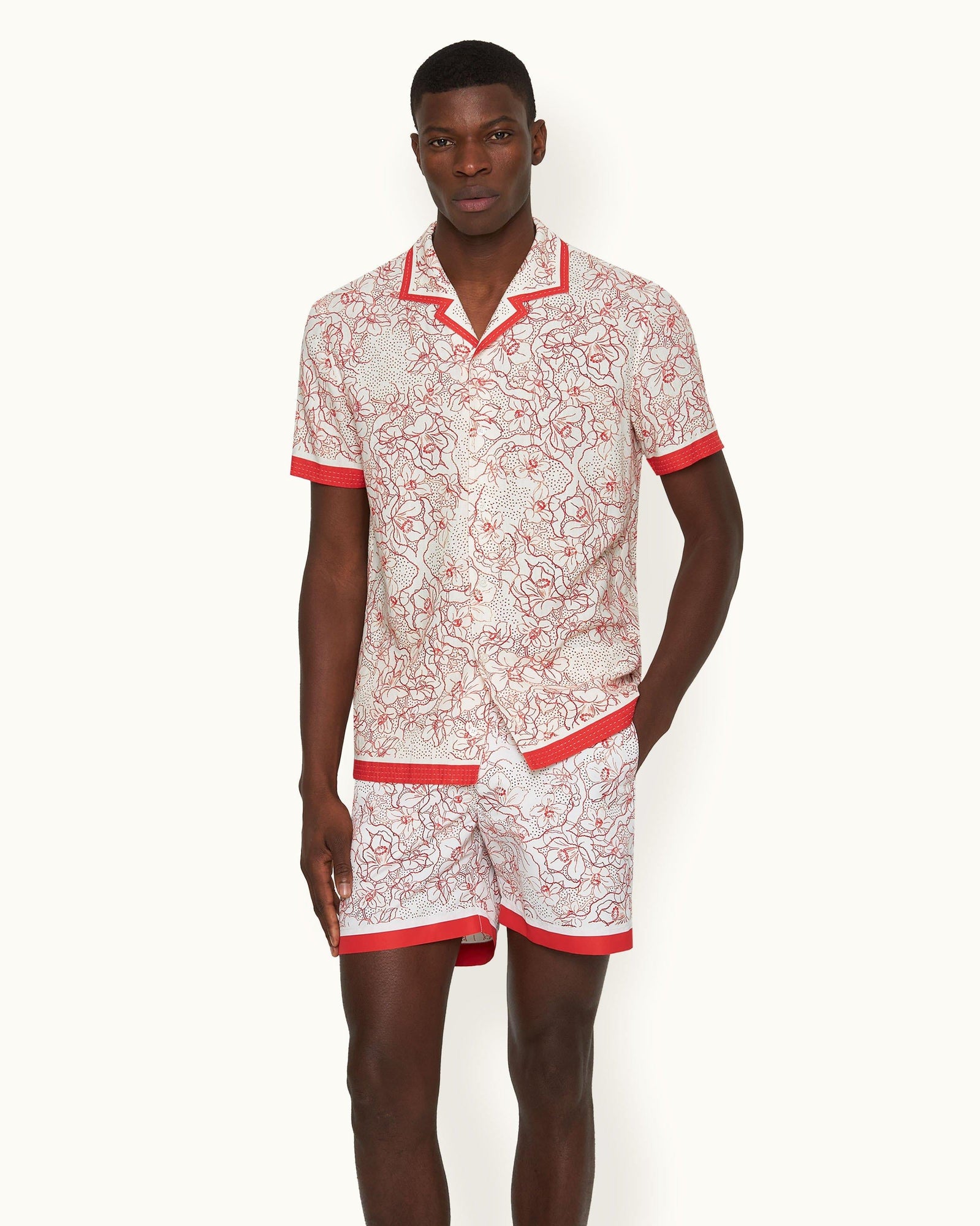Hibbert Floral Nouveau Print Classic Fit Capri Collar Shirt in Summer Red/White Sand | Summer Red/White Sand