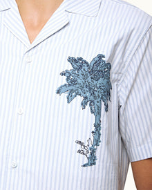 Light Island Sky/White Stripe Palm Embroidery Capri Collar Cotton Shirt | Light Island Sky/White