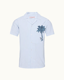 Light Island Sky/White Stripe Palm Embroidery Capri Collar Cotton Shirt | Light Island Sky/White