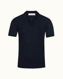 Horton Silk Night Iris Checkerboard Resort Placket Silk Polo Shirt | Night Iris