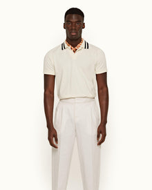 Jarrett White Sand Classic Fit Stripe Tipped Collar Cotton Polo Shirt | White Sand