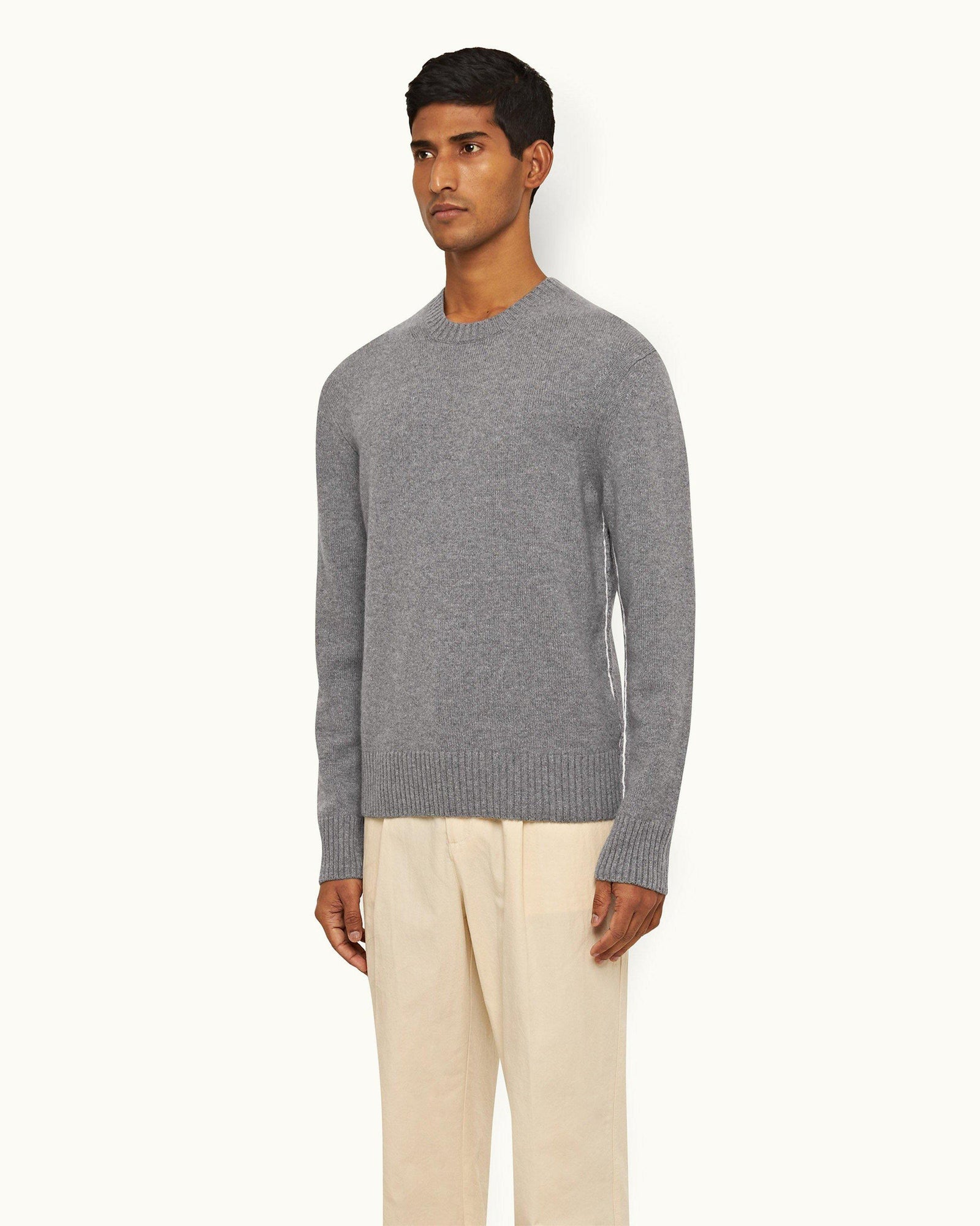 Grey Melange/Sea Mist Stripe Tipping Cashmere Jumper | Grey Melange/Sea Mist