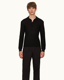 Black Classic Fit Long-Sleeve Mercerised Cotton Polo Shirt | Black