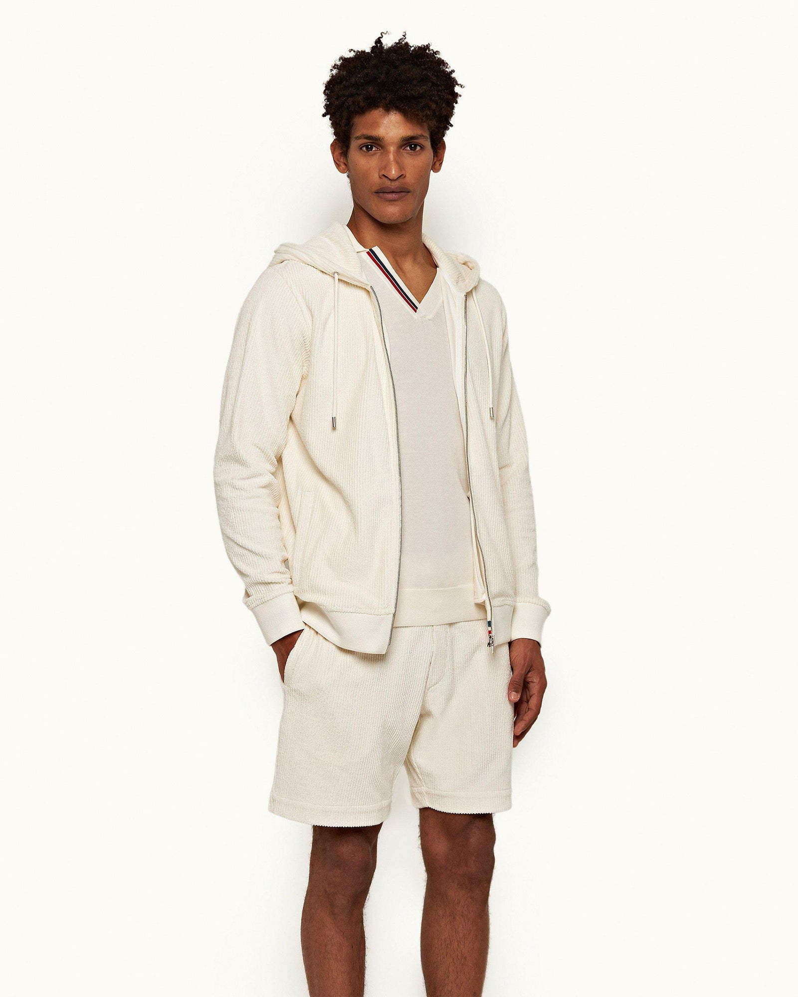 White Sand Zip-Thru Drop Needle Towelling Hooded Sweatshirt | White Sand