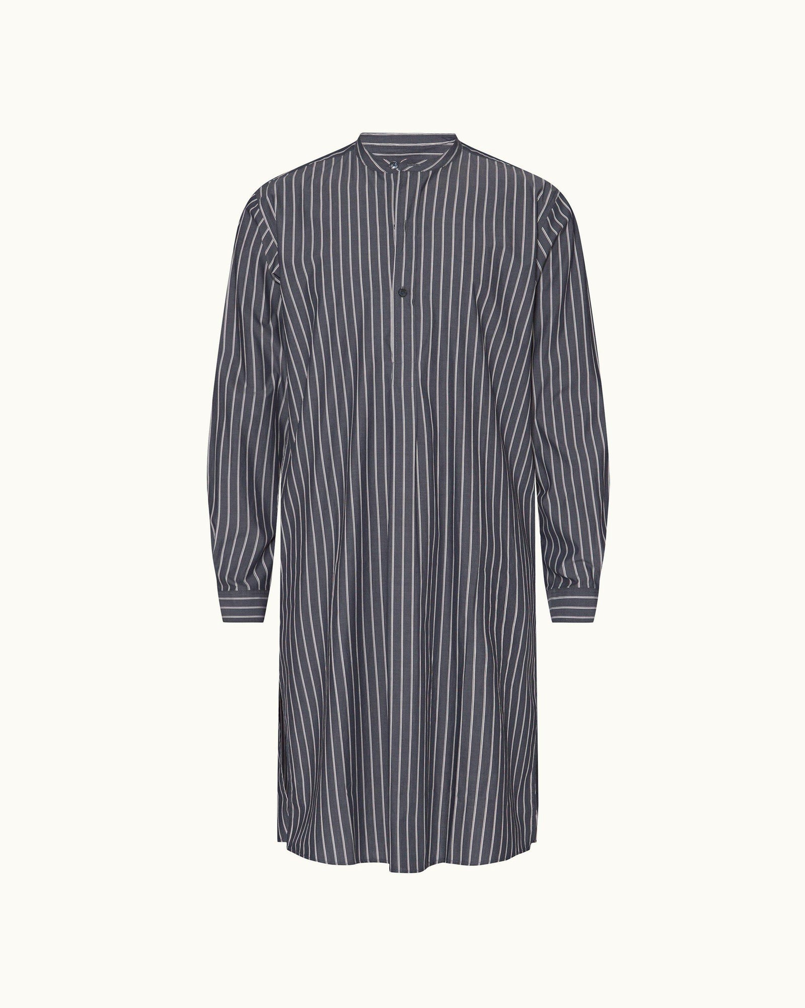 Midnight Navy Pinstripe Relaxed Fit Grandad Collar Cotton Nightshirt | Midnight Navy