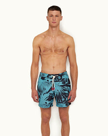 Cerulean Palmetto Print Mid-Length Drawcord Swim Shorts | Cerulean