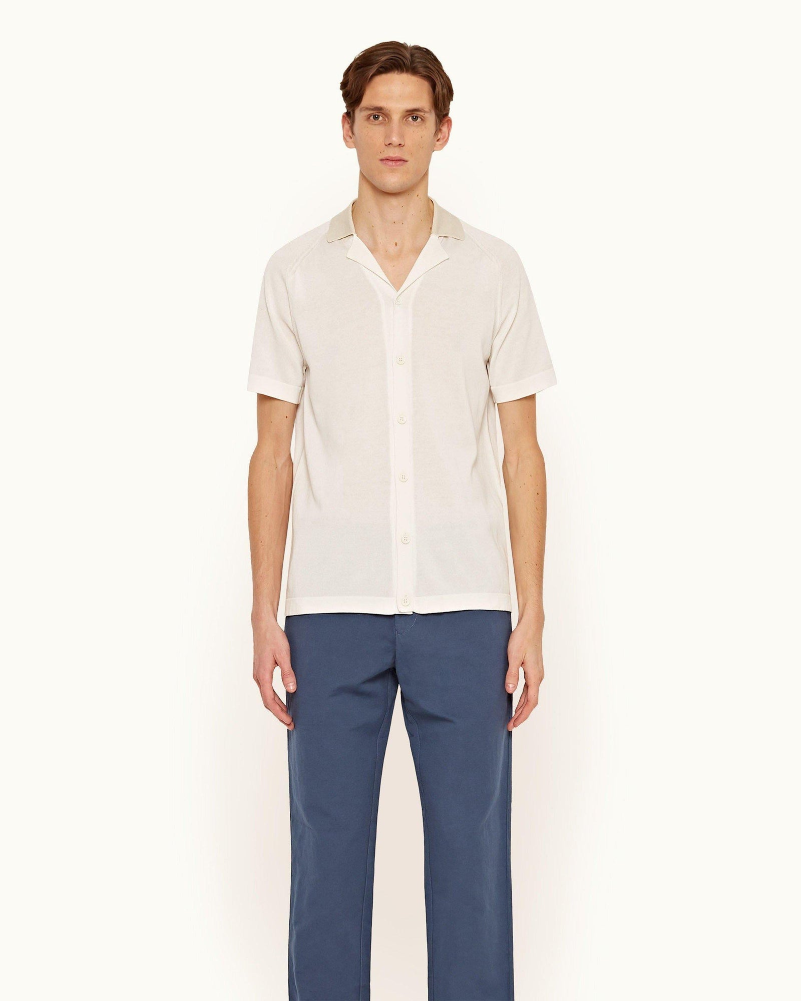 Tirso White Sand Tailored Fit Ribbed Capri Collar Short-Sleeve Shirt | White Sand