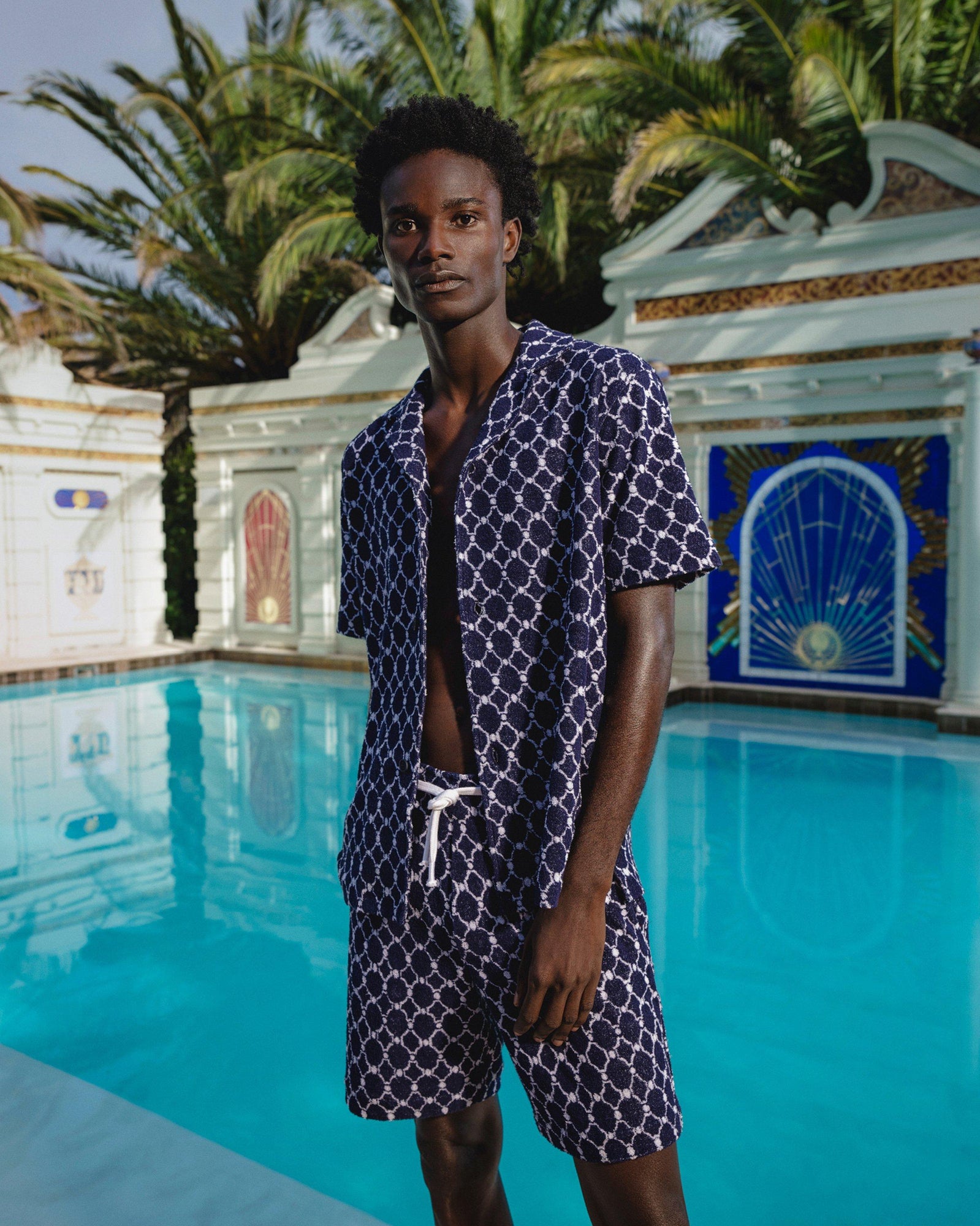 Trevone Towelling Midnight Navy Geometric Tile Towelling Sweat Shorts | Midnight Navy