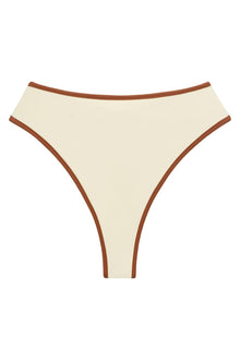 Oat-colored bikini bottom with terracotta binding trim along the waistband and leg openings.