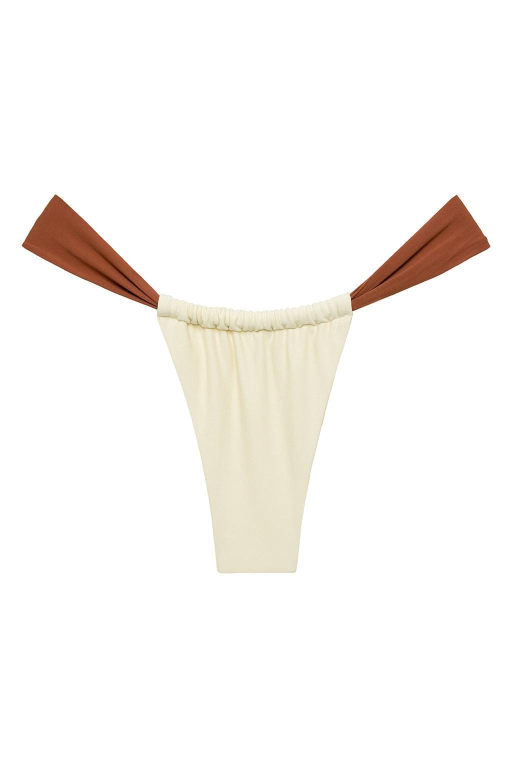 Oat and terracotta bikini bottom with ruched waistband and contrasting terracotta tie sides.