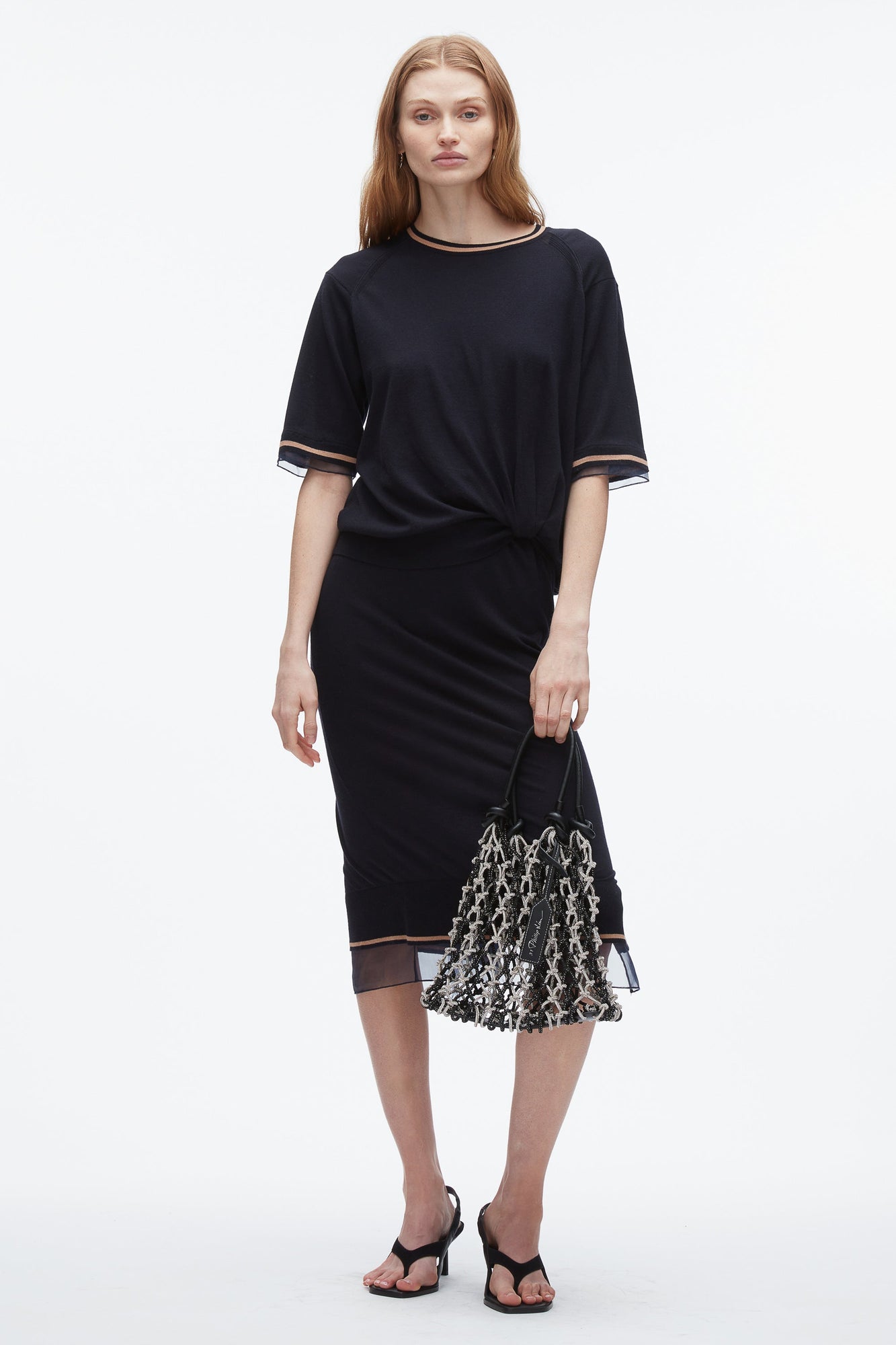 French Tuck Knit Dress with Organza | Navy
