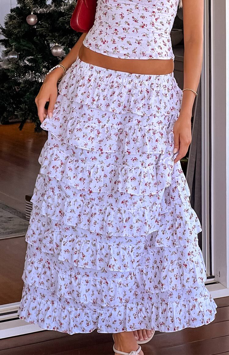 Paisley Floral Ruffle Maxi Skirt | White