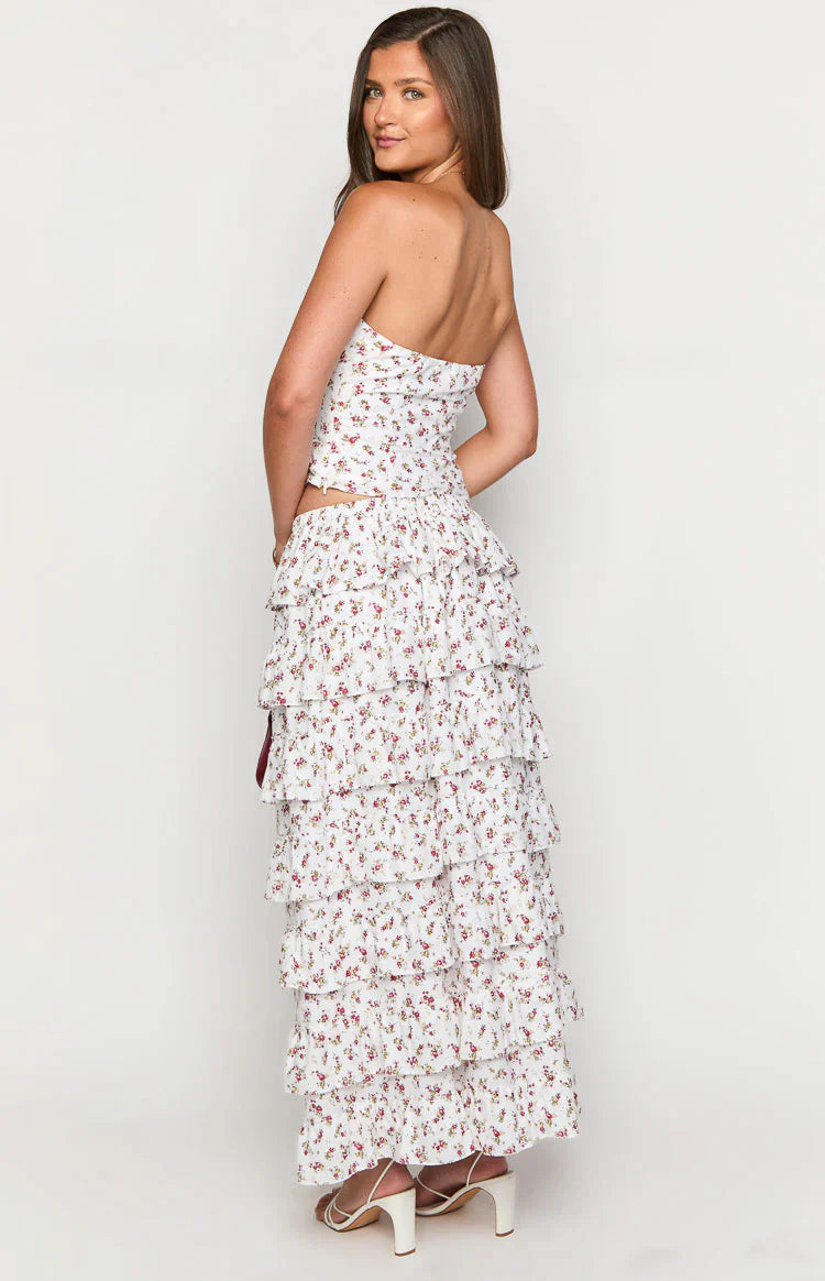 Paisley Floral Ruffle Maxi Skirt | White