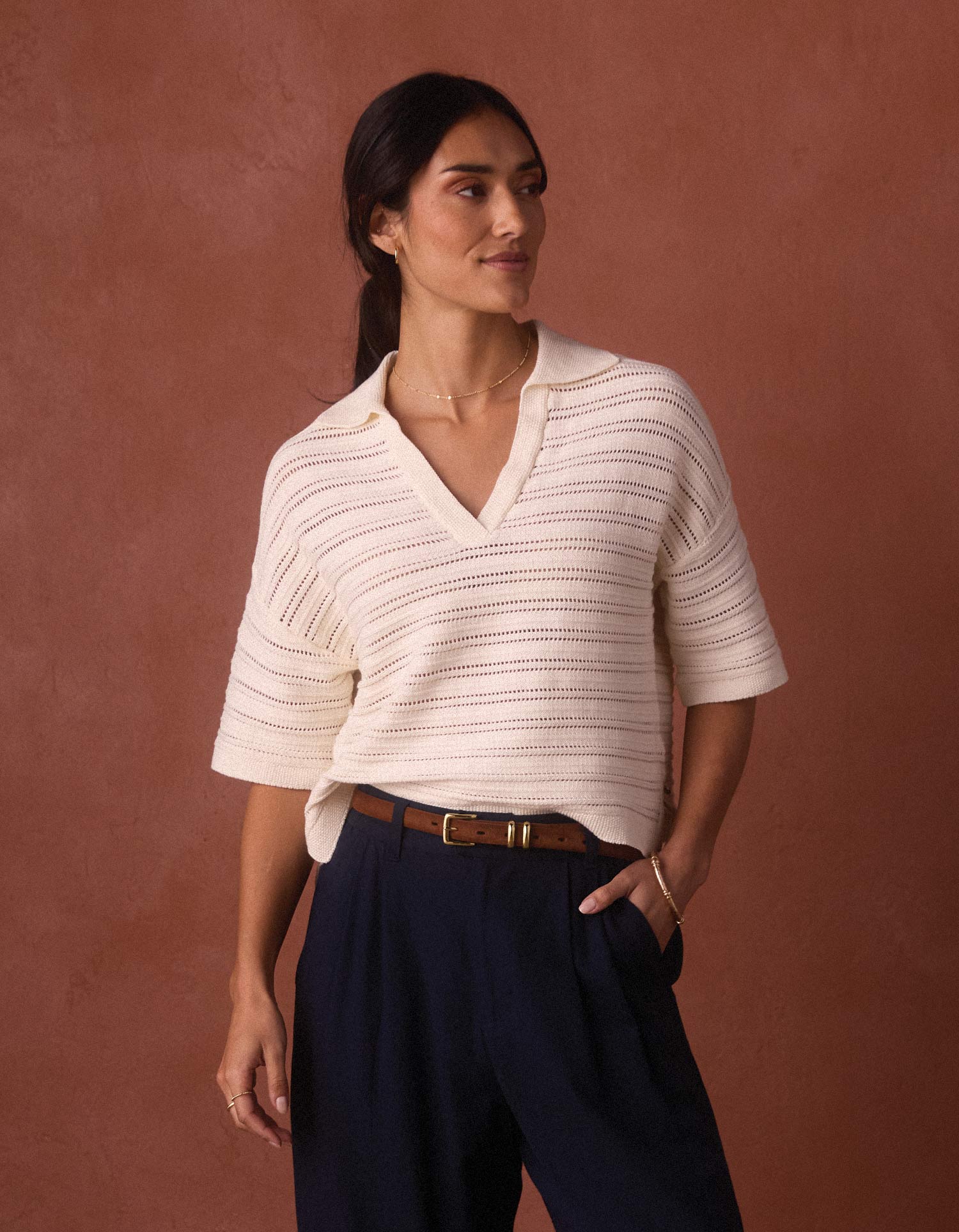Women | Emma Openwork Short Sleeve Polo | Cream