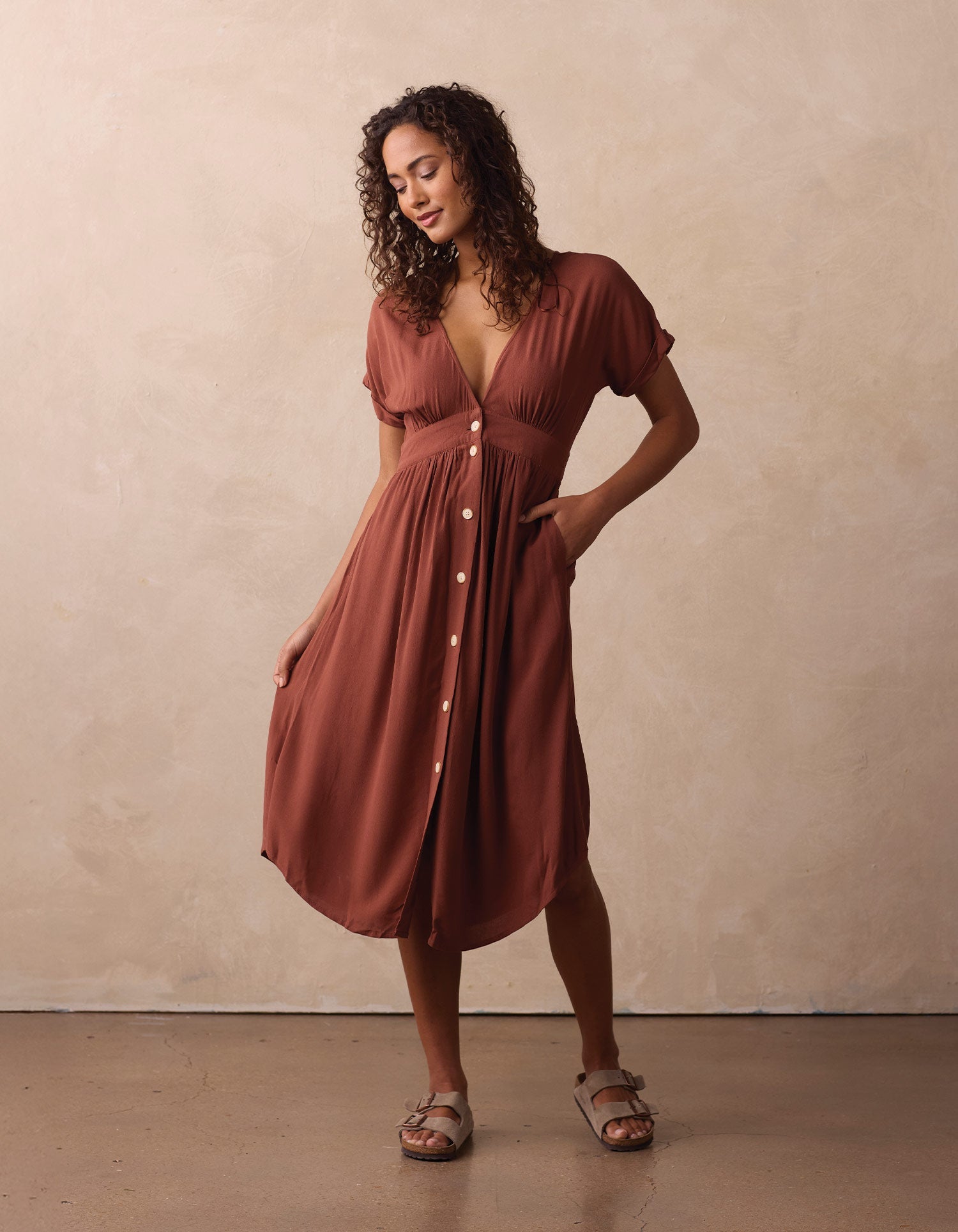 Women | Deep V Button Thru Dress | Clay