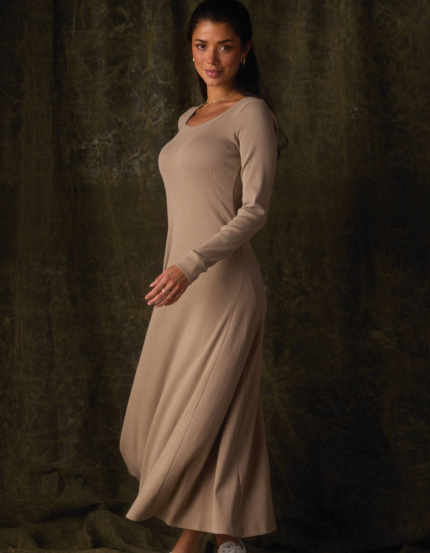 Women | Normal Rib Long Sleeve Dress | Fawn