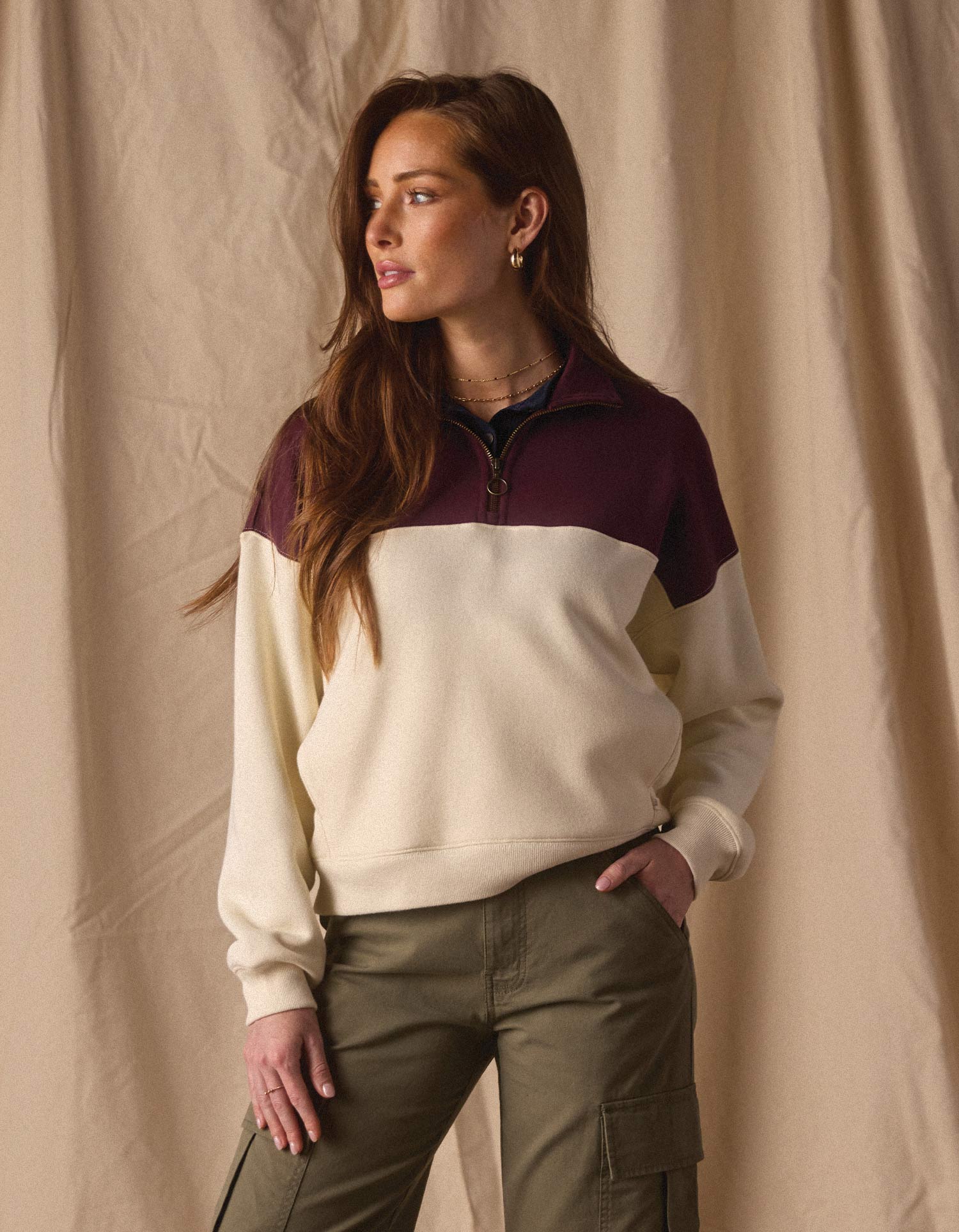 Women | Normal Fleece Retro Quarterzip | Ivory/Port Wine
