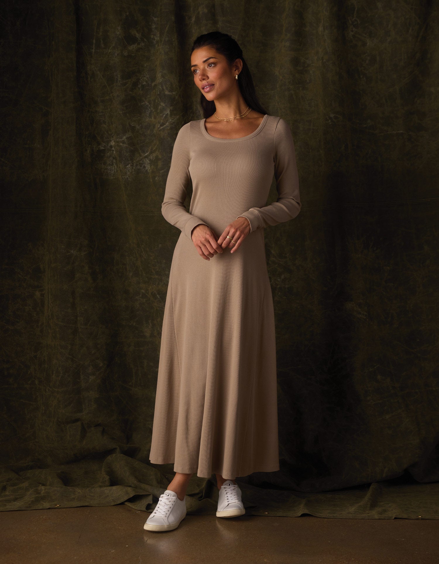 Women | Normal Rib Long Sleeve Dress | Fawn