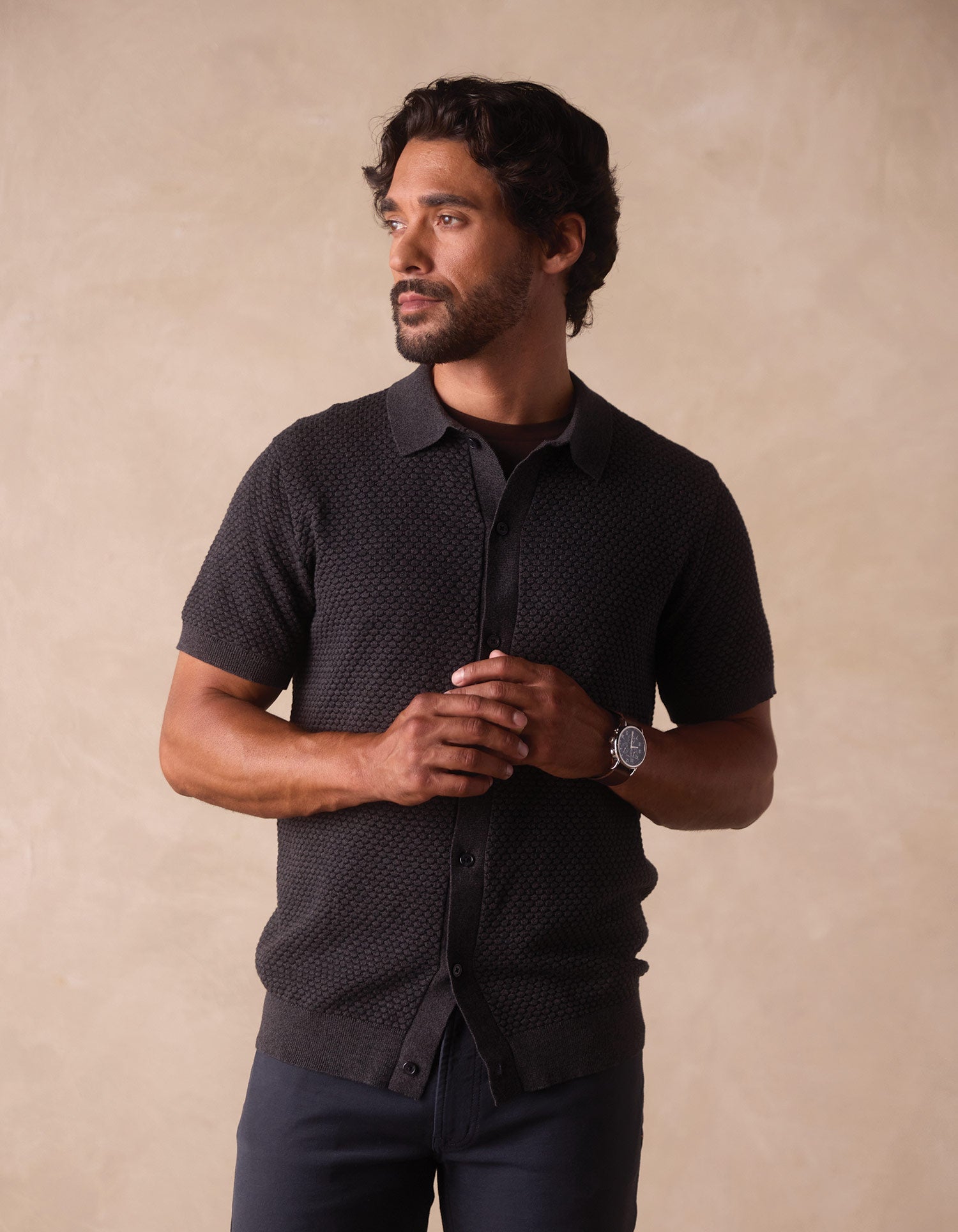 Men | Robles Knit Jacquard Button Up | Charcoal