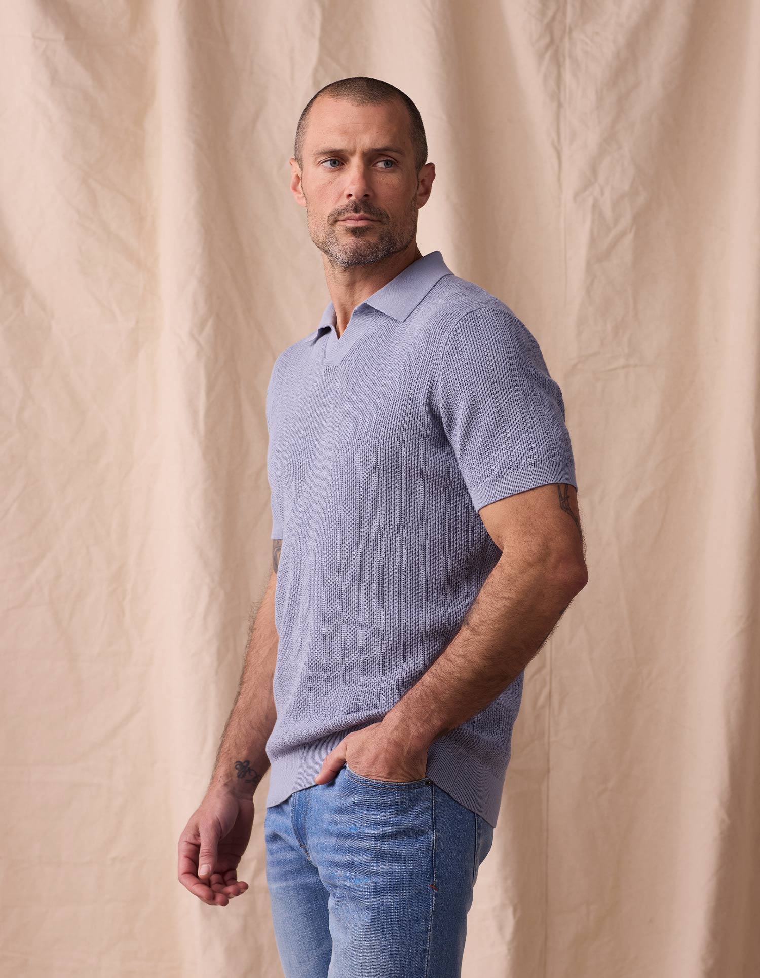 Men | Robles Textured Knit Polo | Faded Denim