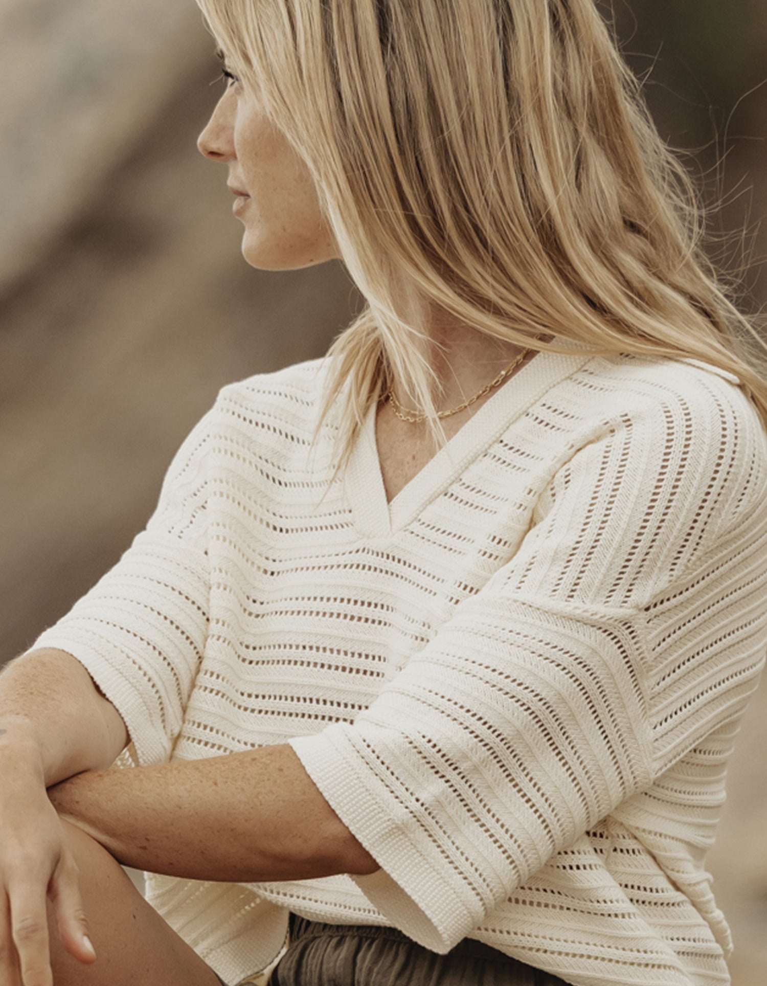 Women | Emma Openwork Short Sleeve Polo | Cream