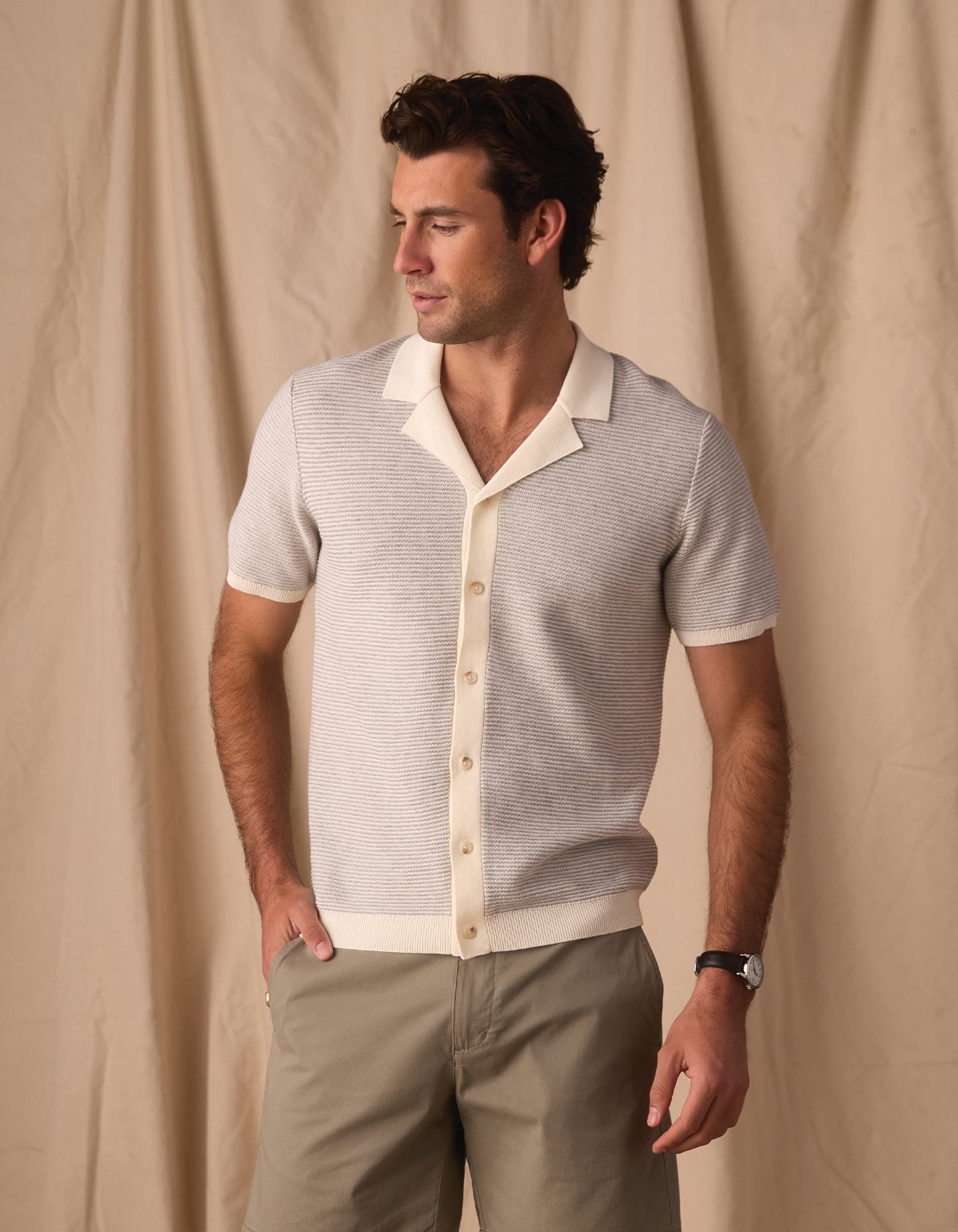 Men | Robles Birdseye Knit Camp Button Up | Cream/Grey