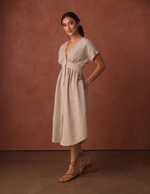Women | Kalo Gauze Deep V Button Thru Dress | Pumice