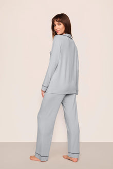 Model is wearing Gisele TENCEL Modal Long PJ Set  in  Gray Dawn/Navy