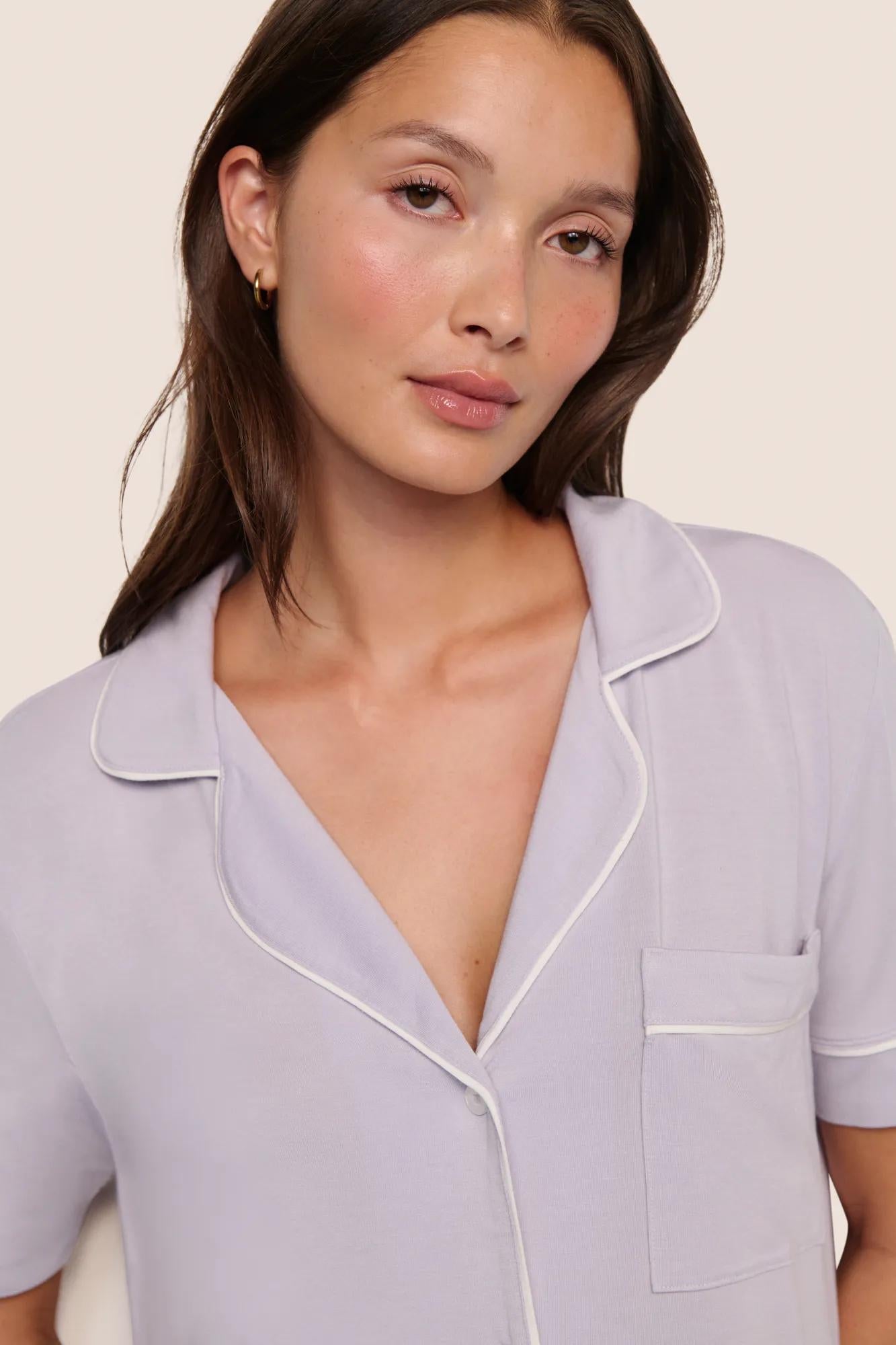 Model is wearing Gisele TENCEL Modal Short Sleeve & Pant PJ Set  in Thistle/Ivory