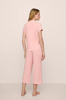 Model is wearing Gisele TENCEL Modal Short Sleeve Cropped PJ Set in  Silver Pink/Ivory