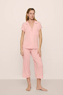 Model is wearing Gisele TENCEL Modal Short Sleeve Cropped PJ Set in  Silver Pink/Ivory