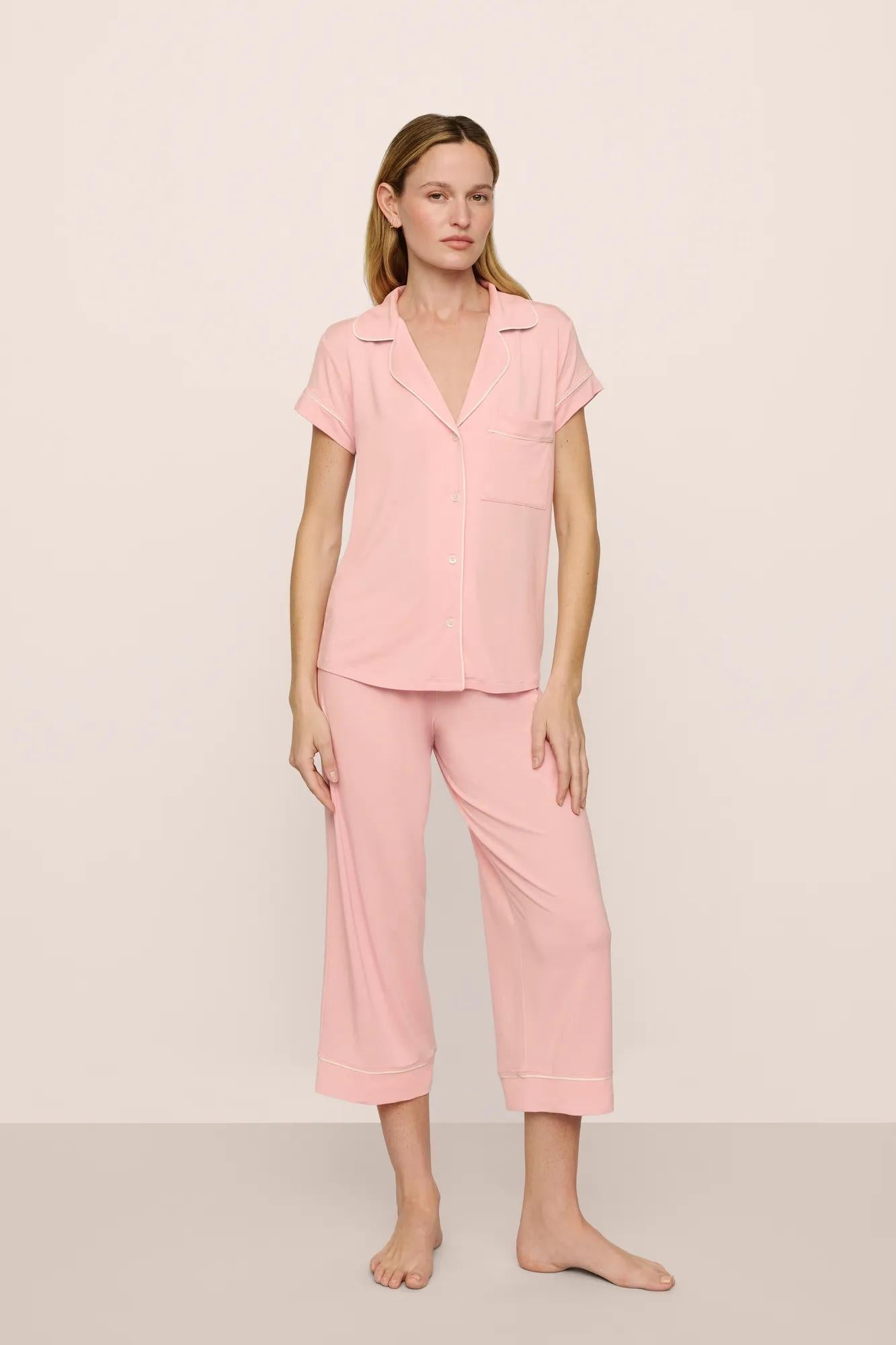 Model is wearing Gisele TENCEL Modal Short Sleeve Cropped PJ Set in  Silver Pink/Ivory