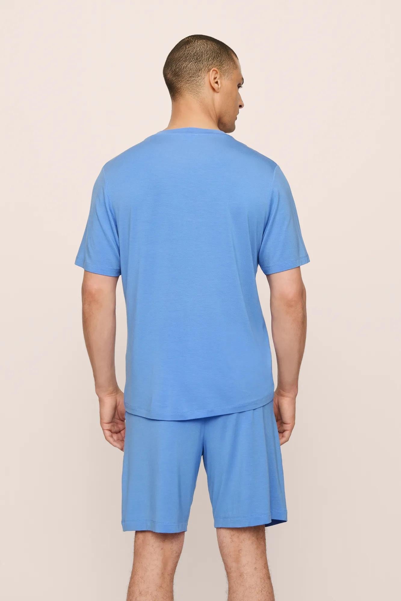 Model is wearing Henry TENCEL Modal Short PJ Set in CornflowerBlue