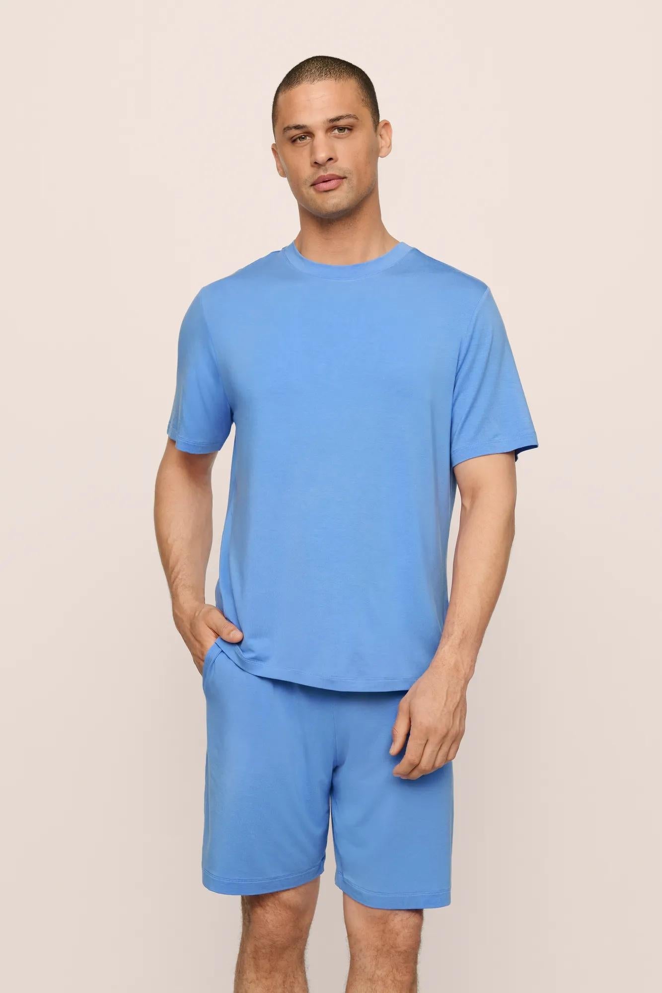 Model is wearing Henry TENCEL Modal Short PJ Set in CornflowerBlue