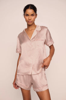 Model is wearing Inez Washable Silk Printed Short PJ Set  in Geo Sphere Silver Pink/Silver Pink