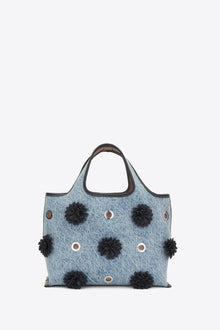 Denim Mini Market Tote with Leather Flowers | Washed Indigo
