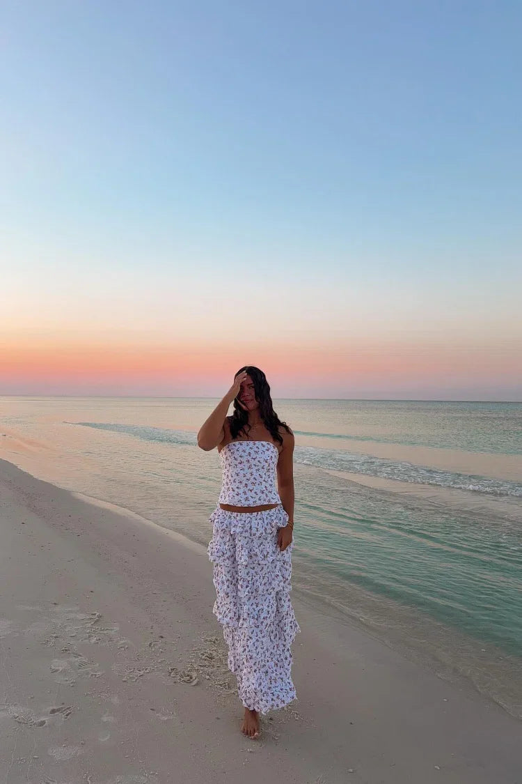 Paisley Floral Ruffle Maxi Skirt | White