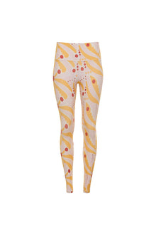 High-waisted legging with cream base and yellow curved pattern with red and orange circular accents throughout.
