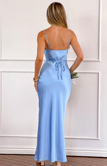 Rear view of a light blue satin maxi dress with thin spaghetti straps and a tie-back detail