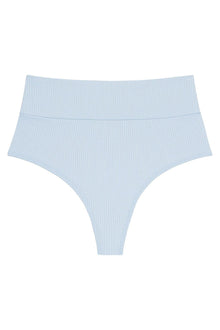 Light blue ribbed high-rise bikini bottom with wide waistband and thong-style back.